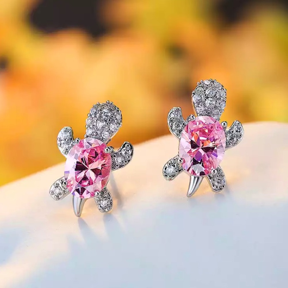 “Just Keep Swimming” Pink Turtle Diamond Earrings